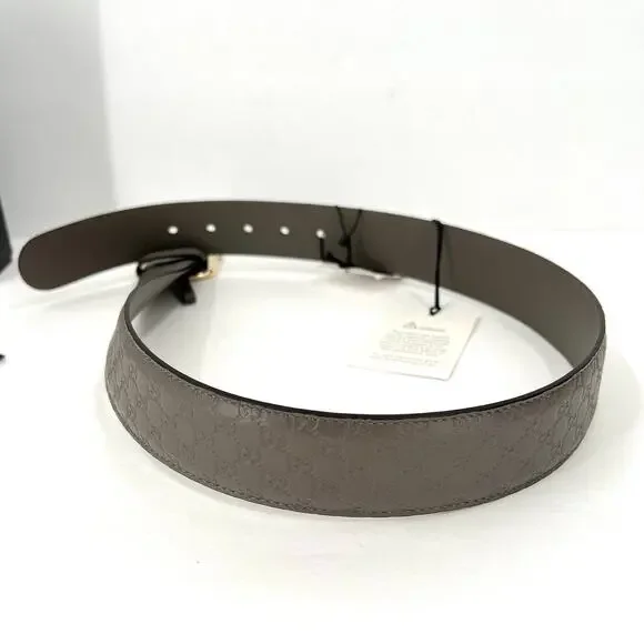 GUCCI Belt Womens 80 Gray Microguccisima GG Leather Gold Buckle AUTHENTIC NWT
